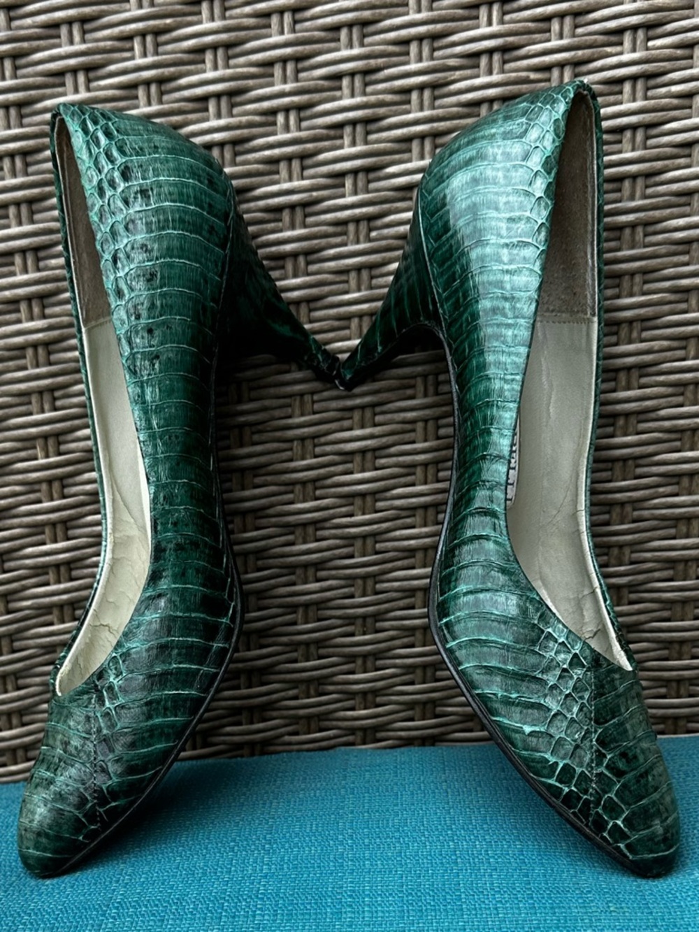 80s Marco Brelli Italian Green Croc- Skin Embossed Pointed-Toe Heels size 7